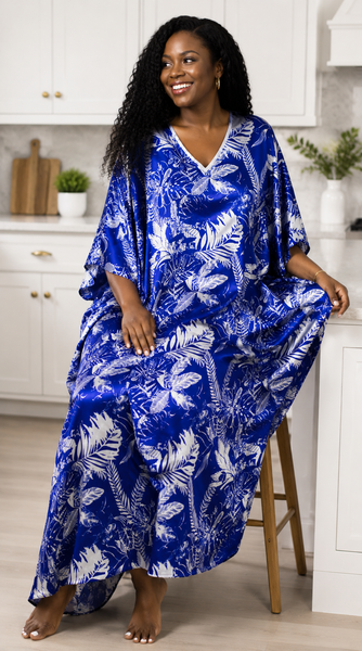 Women's Long Satin Caftan / Kaftan / Muumuu, Tropical Sapphire Print