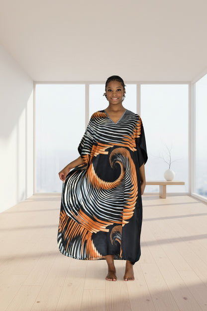 Women's Long Satin Caftan / Kaftan / Muumuu, Animal Arabesque Print