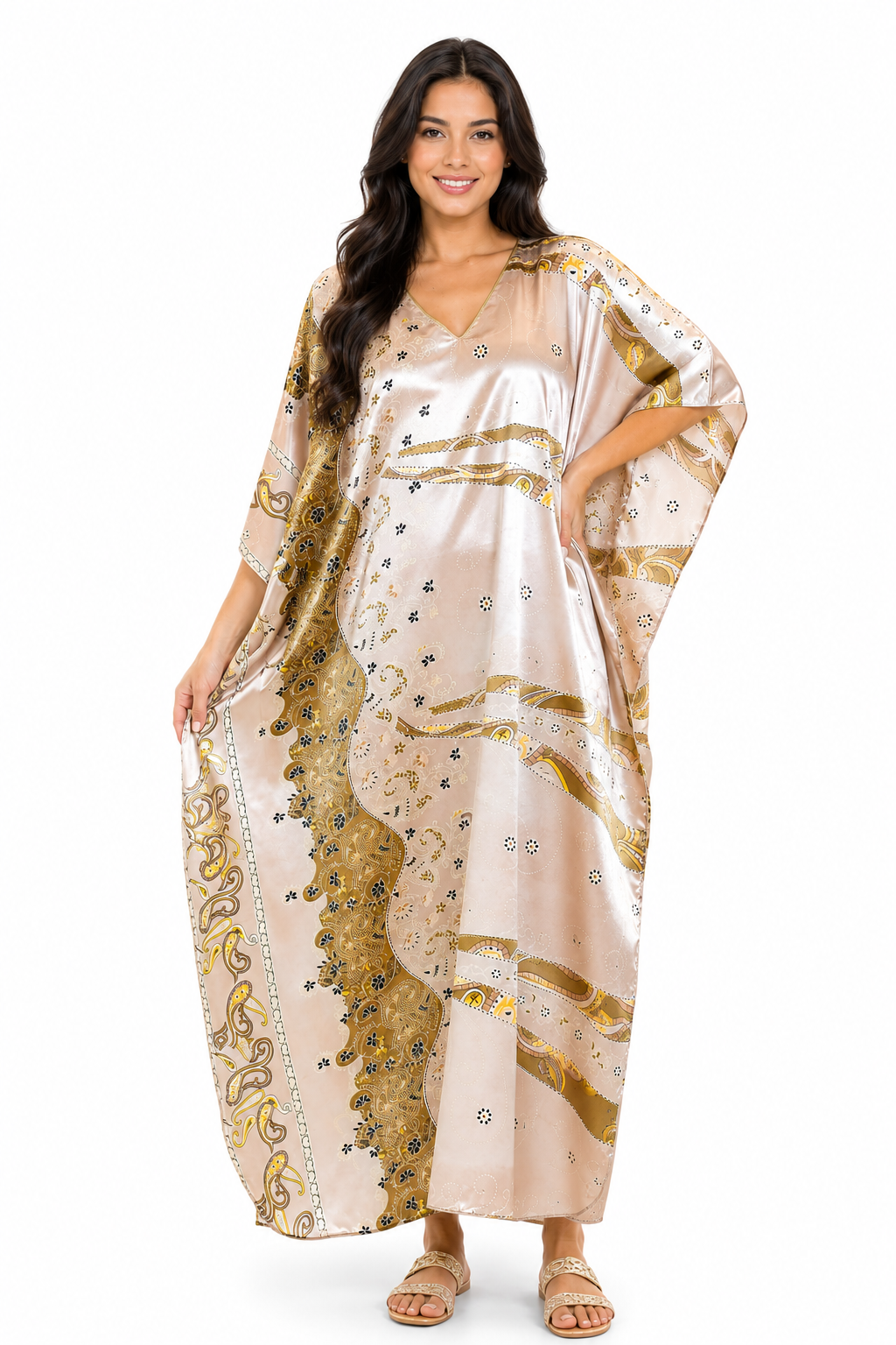 Women's Long Satin Caftan / Kaftan / Muumuu, Desert Winds Print