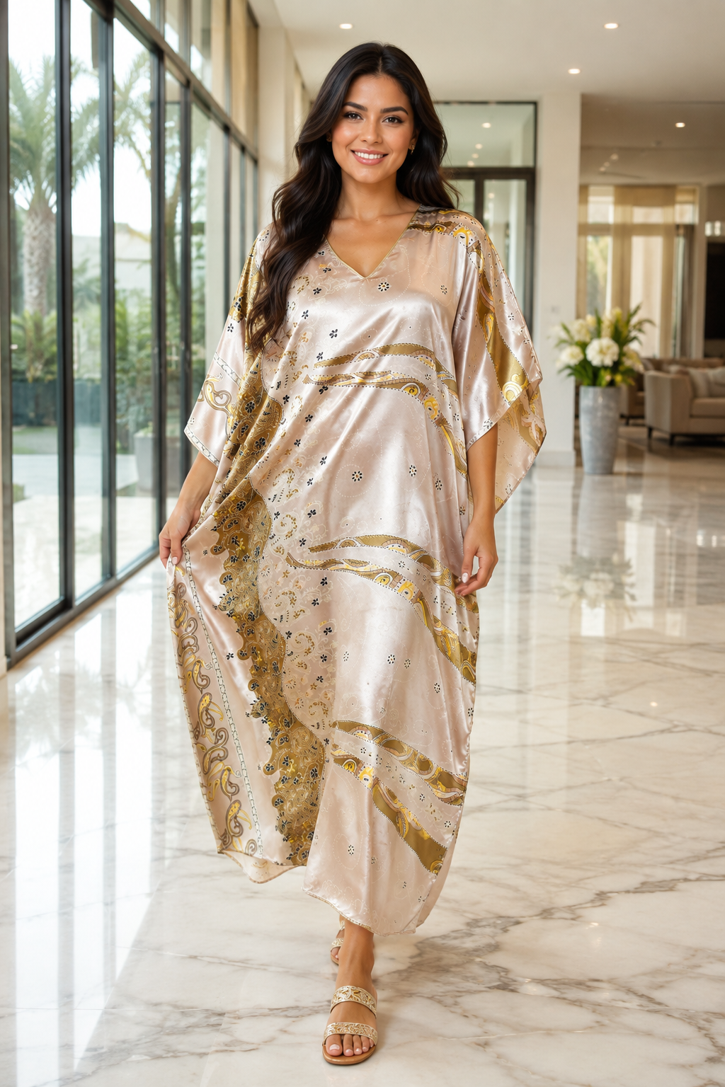 Women's Long Satin Caftan / Kaftan / Muumuu, Desert Winds Print