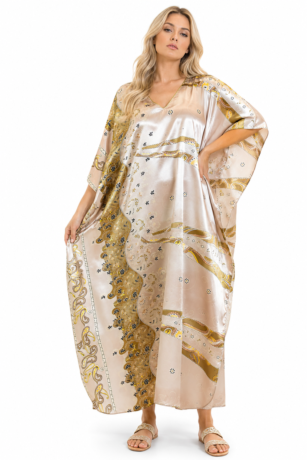Women's Long Satin Caftan / Kaftan / Muumuu, Desert Winds Print
