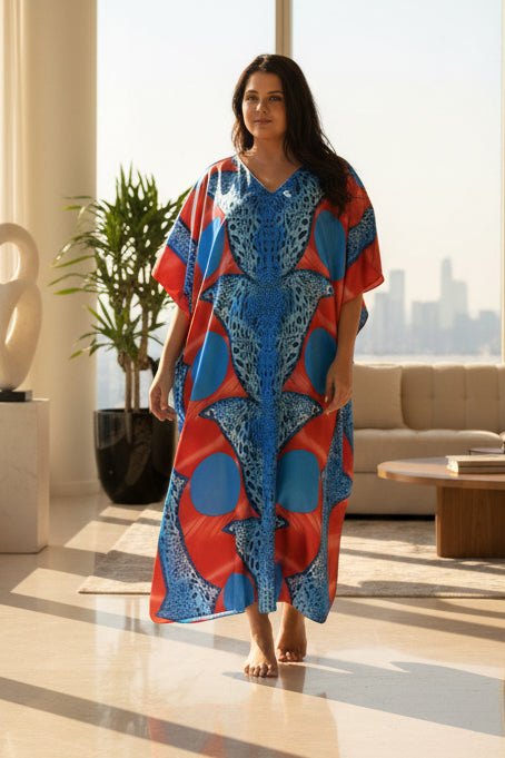 Women's Long Satin Caftan / Kaftan / Muumuu, Tropical Cocktail Animal Print Lounger, Style Caf-23CS