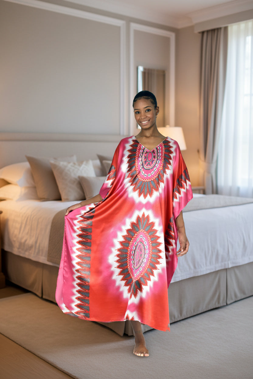 Up2date Fashion Satin Caftan in Coral Lotus Print, One Size, Style Caf-24C3
