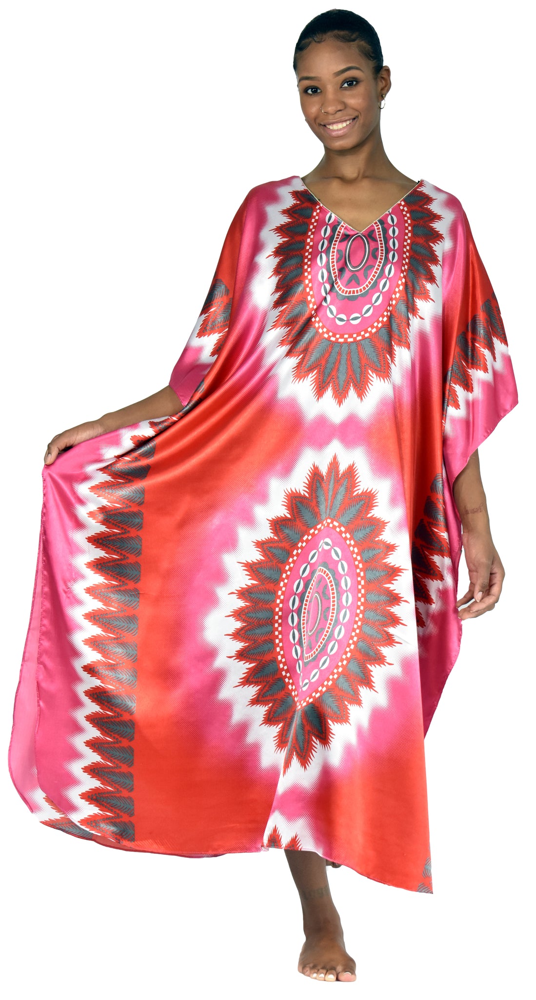 Up2date Fashion Satin Caftan in Coral Lotus Print, One Size, Style Caf-24C3