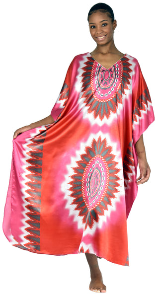 Up2date Fashion Satin Caftan in Coral Lotus Print, One Size, Style Caf-24C3