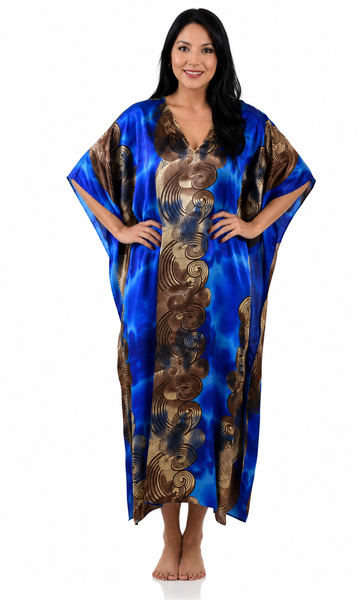 Women's Long Satin Caftan / Kaftan / Muumuu, Underwater Harmony Print, Style Caf-27