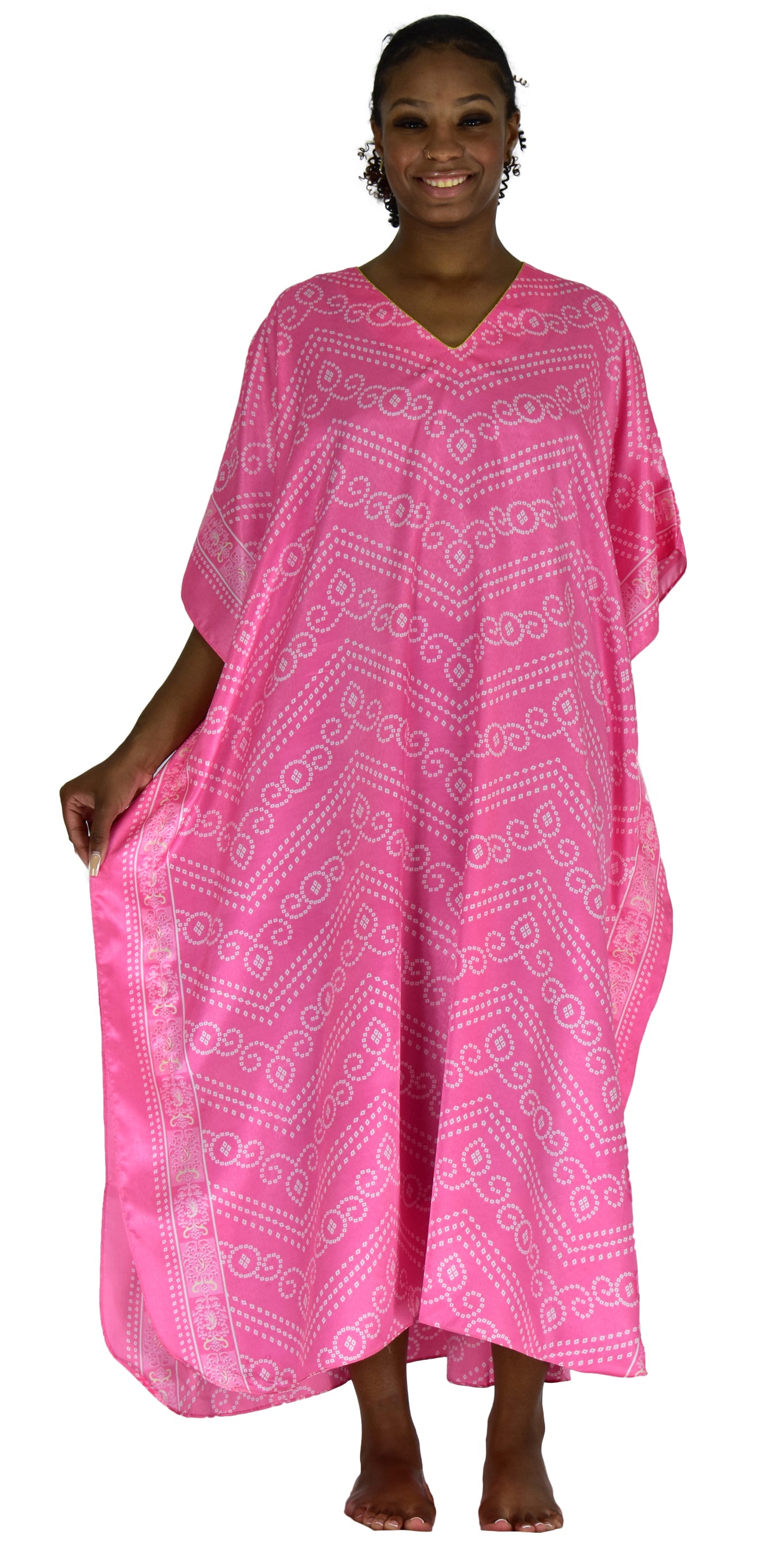 Up2date Fashion Women's Satin Caftan/Kaftan in Pink Mandala Print, Style Caf-29