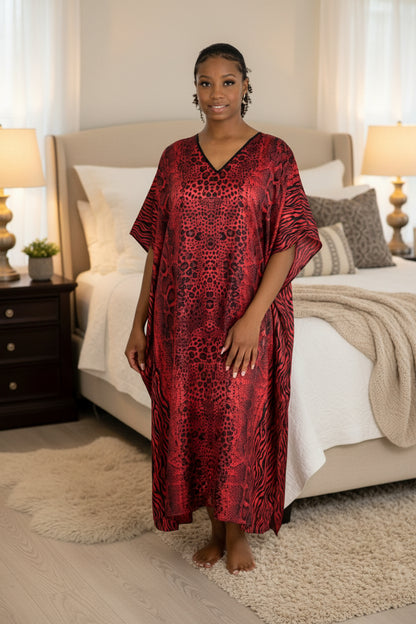 Women's Long Satin Caftan / Kaftan / Muumuu, Tiger Animal Print in Red
