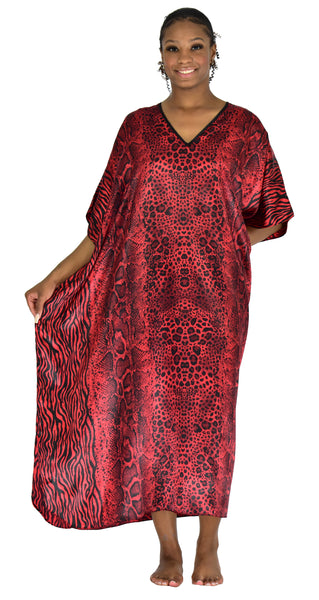 Women's Long Satin Caftan / Kaftan / Muumuu, Tiger Animal Print in Red