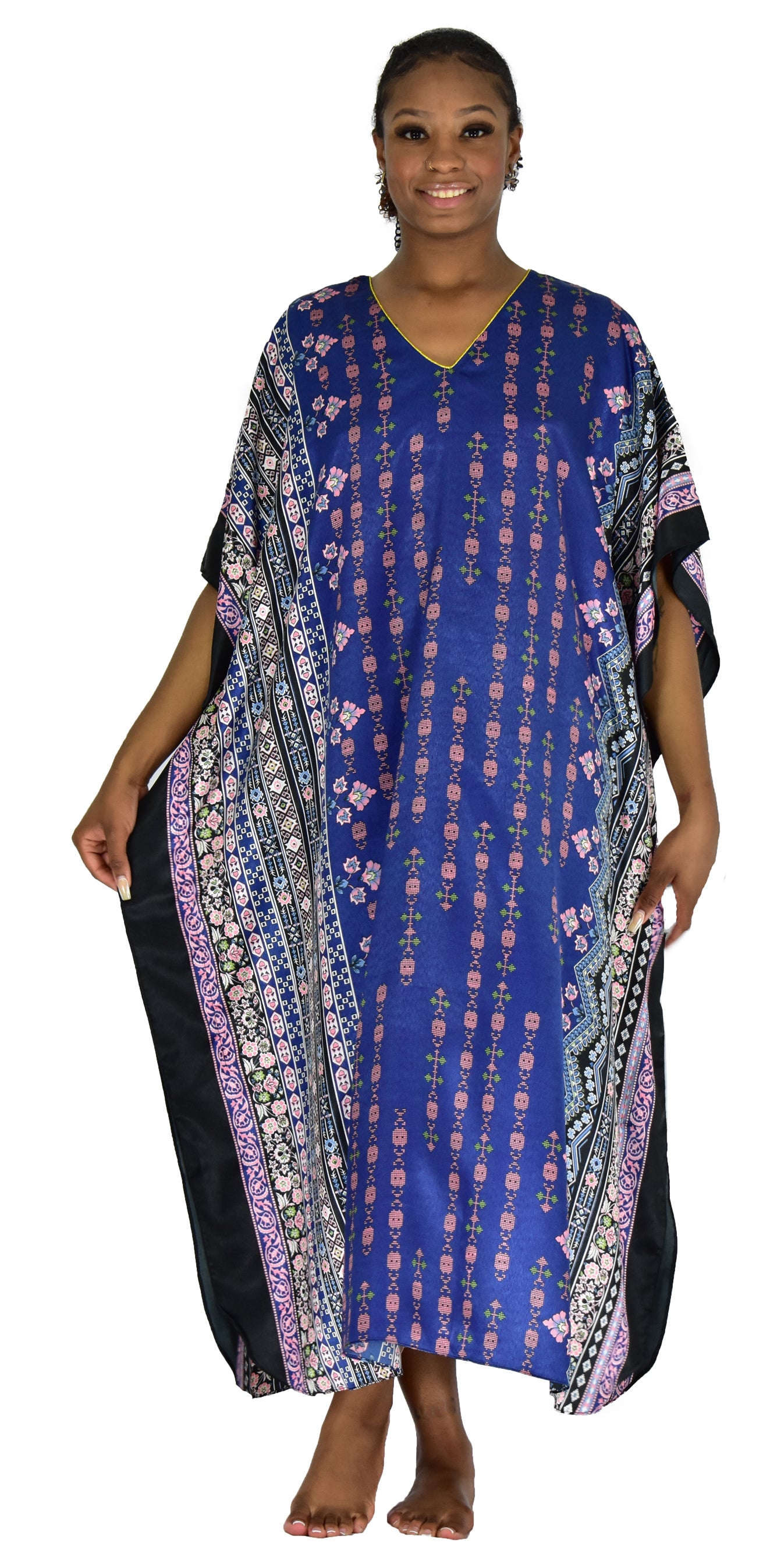 Women's Long Satin Caftan / Kaftan / Muumuu, Spheroid Floral Print in Navy, Style-44