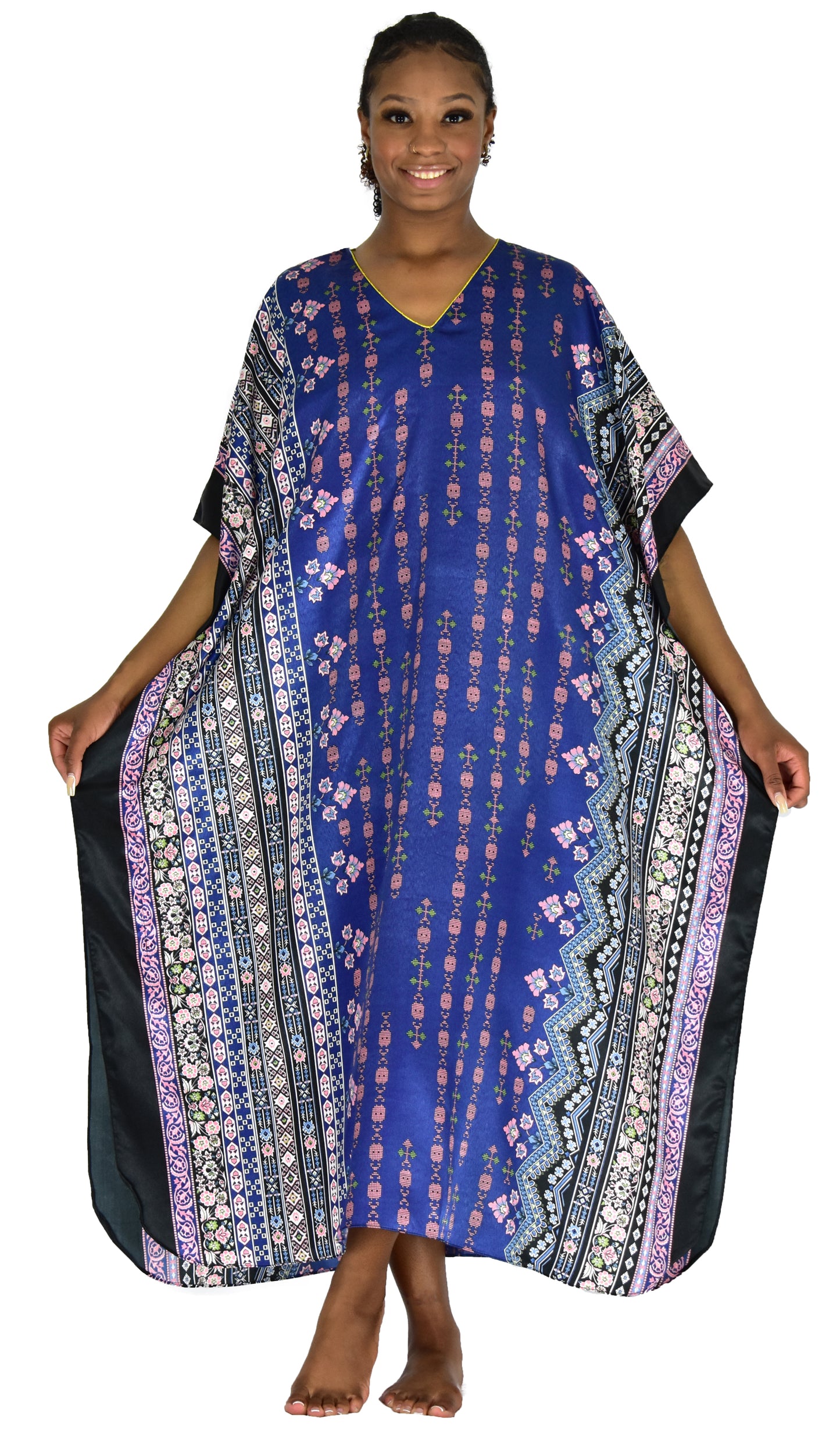 Women's Long Satin Caftan / Kaftan / Muumuu, Spheroid Floral Print in Navy, Style-44