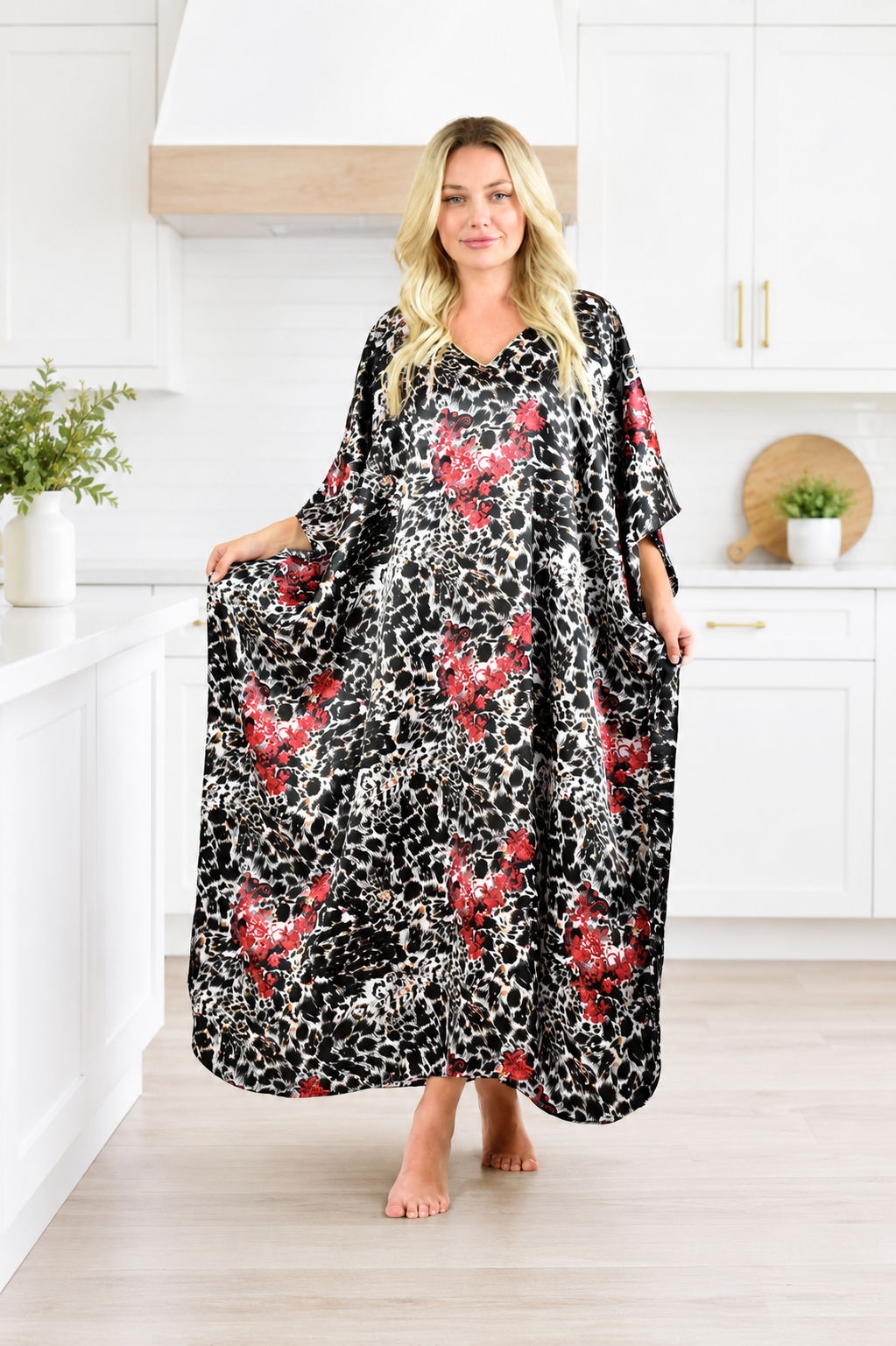 Women's Long Satin Caftan / Kaftan / Muumuu, Animal Tricolor Print in Black, White, and Red