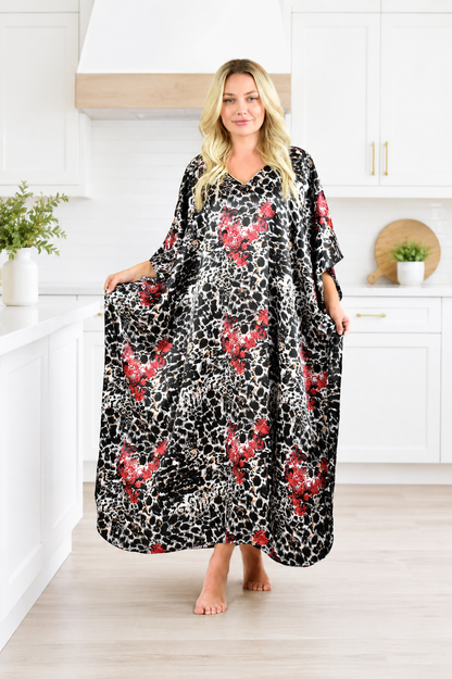 Women's Long Satin Caftan / Kaftan / Muumuu, Animal Tricolor Print in Black, White, and Red
