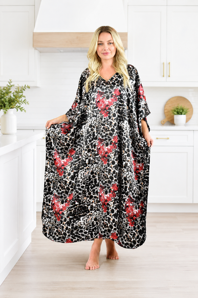 Women's Long Satin Caftan / Kaftan / Muumuu, Animal Tricolor Print in Black, White, and Red