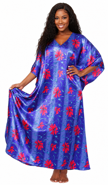 Women's Long Satin Caftan / Kaftan / Muumuu, Deep Sea Lilies Print