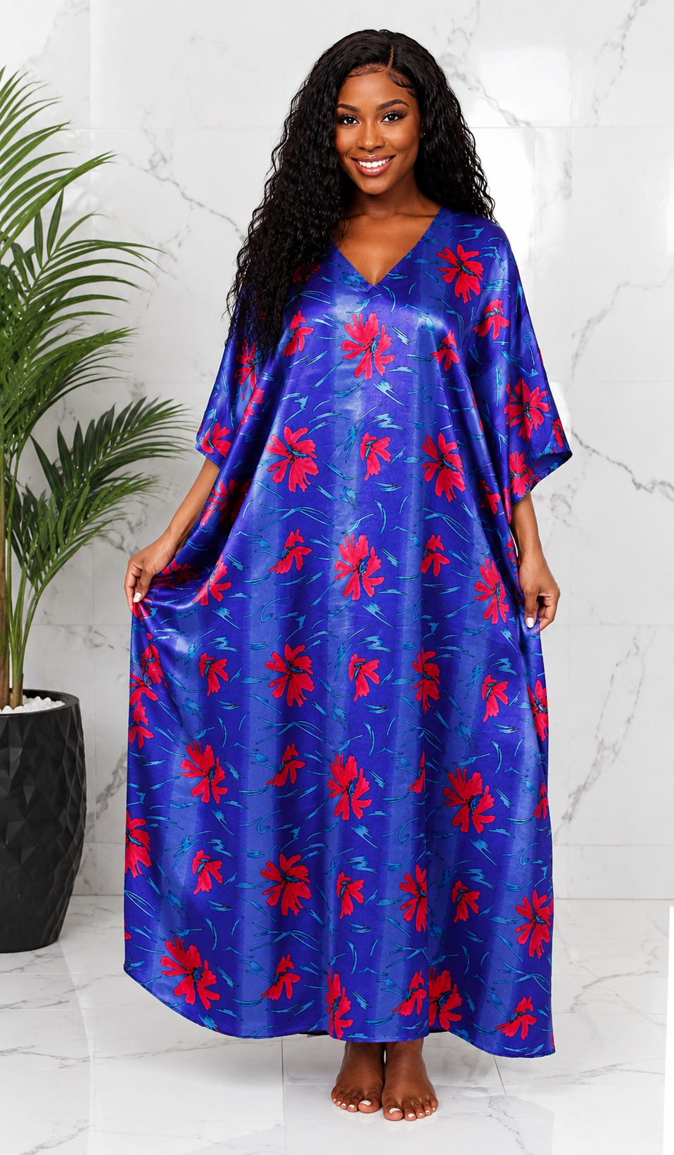 Women's Long Satin Caftan / Kaftan / Muumuu, Deep Sea Lilies Print