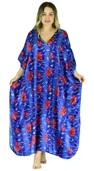 Women's Long Satin Caftans / Kaftans / Muumuus, Three-Piece Blue Print Value Pack 11