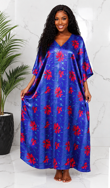 Women's Long Satin Caftan / Kaftan / Muumuu, Deep Sea Lilies Print