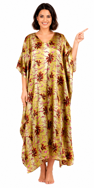 Women's Long Satin Caftan / Kaftan / Muumuu, Coral Lilies Print