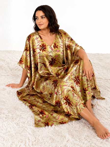Women's Long Satin Caftan / Kaftan / Muumuu, Coral Lilies Print
