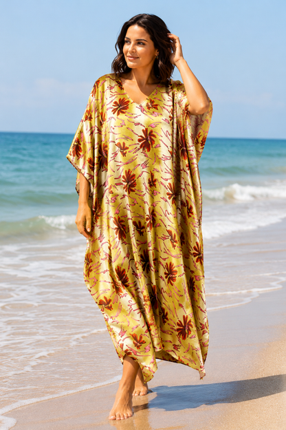 Women's Long Satin Caftan / Kaftan / Muumuu, Coral Lilies Print