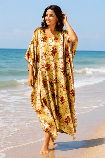 Women's Long Satin Caftan / Kaftan / Muumuu, Coral Lilies Print