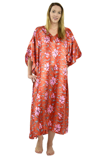 Women's Long Satin Caftans / Kaftans / Muumuus, Three-Piece Red Print Value Pack 23