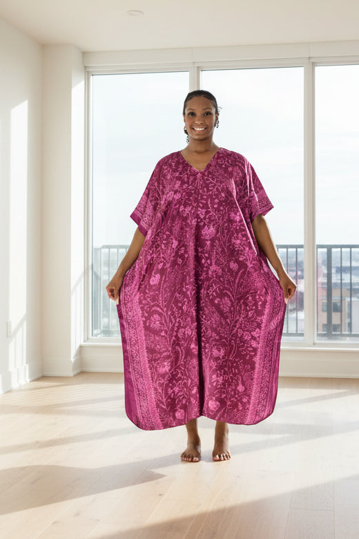 Up2date Fashion Women's Classic Satin Caftan/Kaftan, Purple Floral, Caf-50