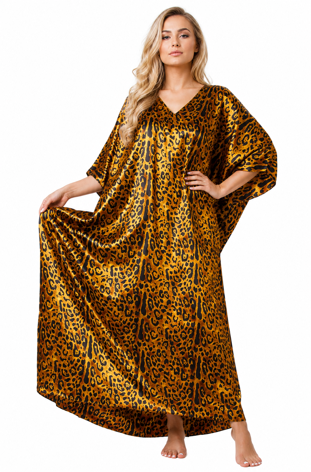 Satin Caftan for Women in Cheetah Print, One Size Kaftan/Mumu, Caf-64