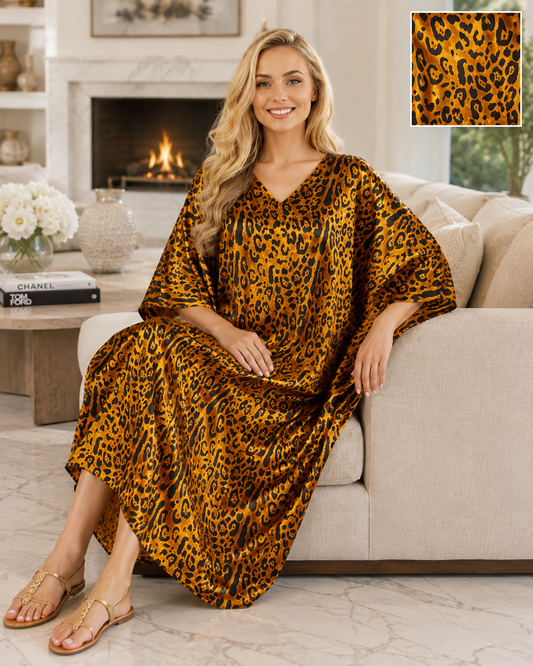 Satin Caftan for Women in Cheetah Print, One Size Kaftan/Mumu, Caf-64
