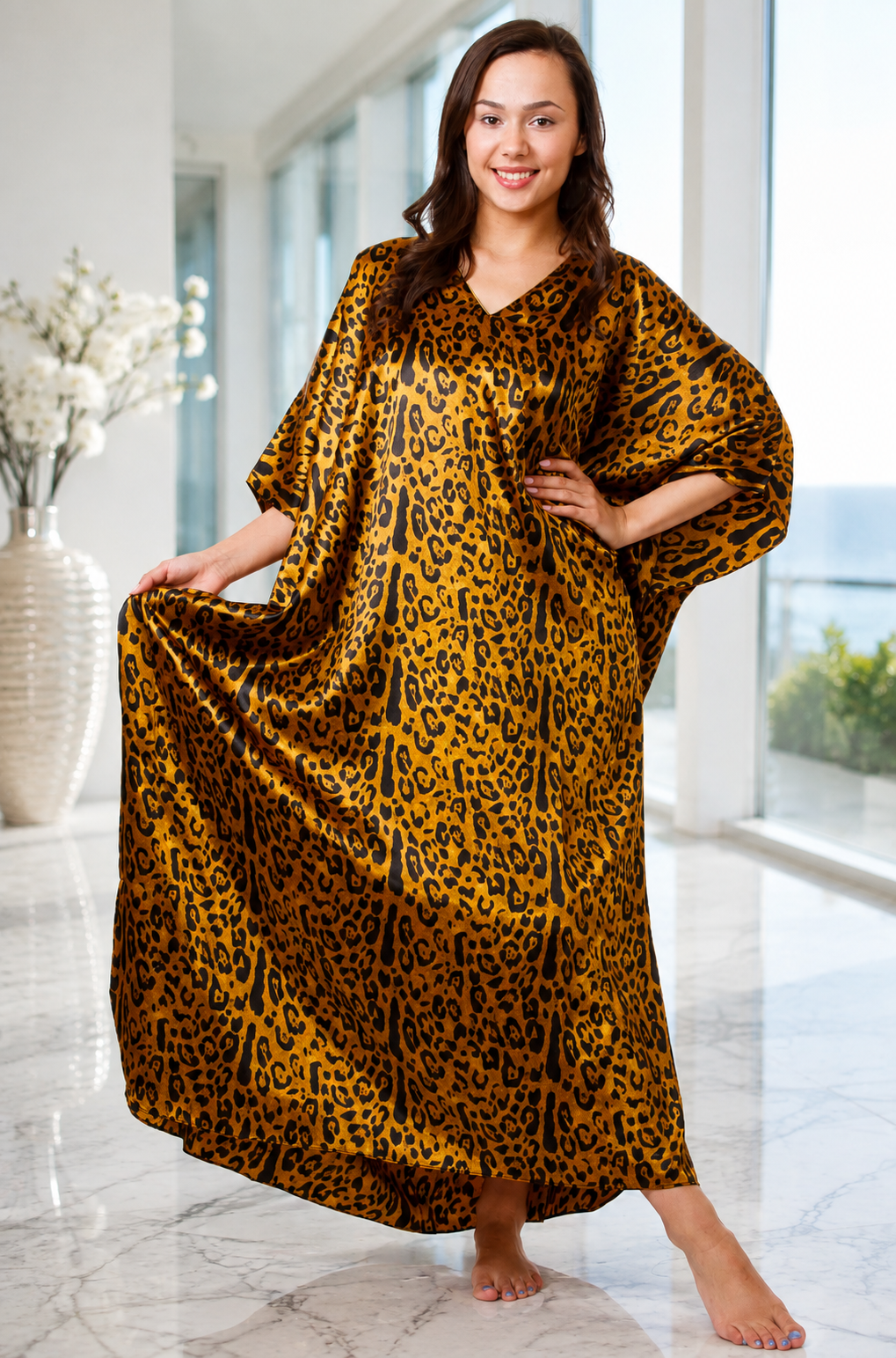 Satin Caftan for Women in Cheetah Print, One Size Kaftan/Mumu, Caf-64