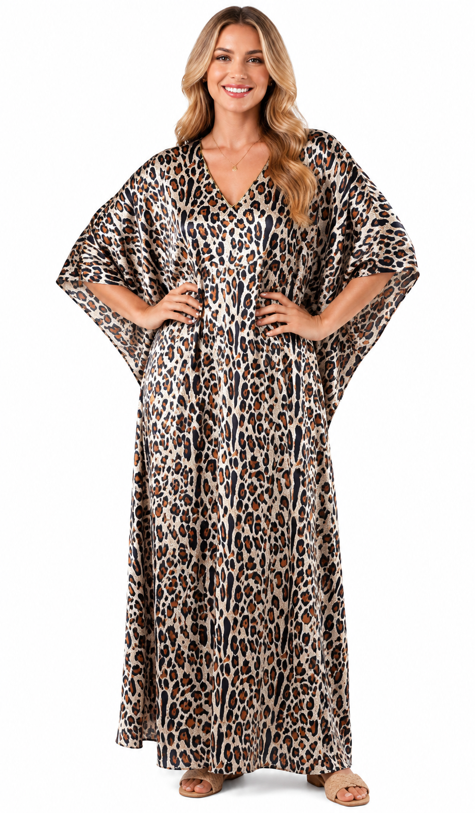 Women's Long Satin Caftan / Kaftan / Muumuu, Tiger Animal Print in Brown