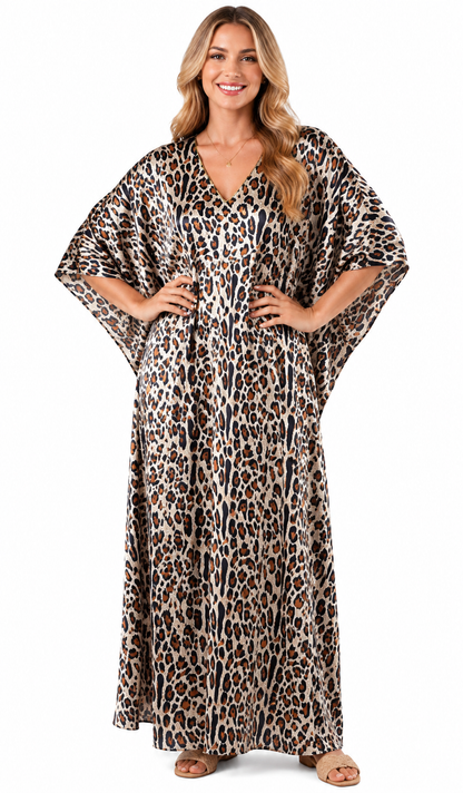 Women's Long Satin Caftan / Kaftan / Muumuu, Tiger Animal Print in Brown