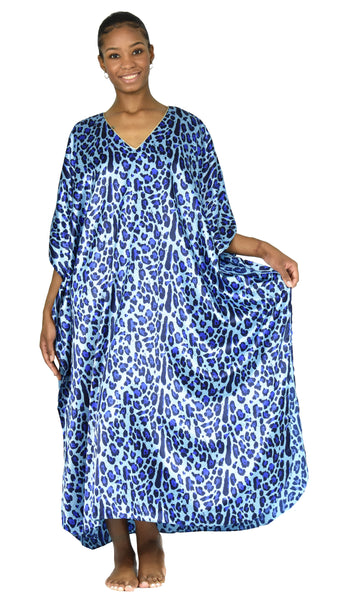 Women's Long Satin Caftan / Kaftan / Muumuu, Tiger Animal Print in Blue