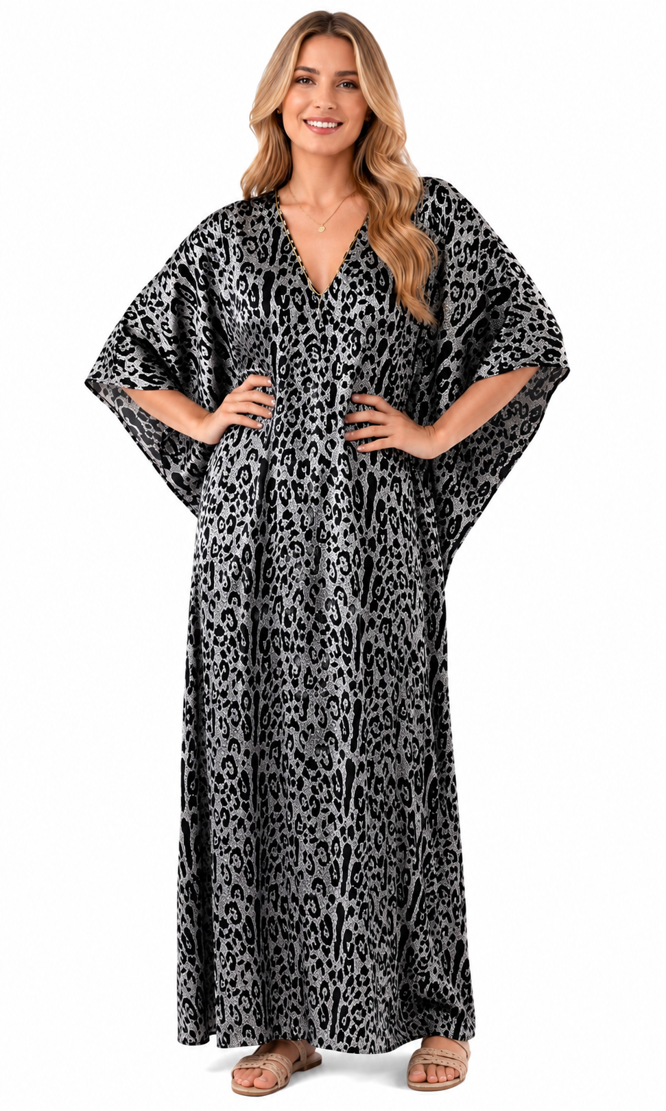 Women's Long Satin Caftan / Kaftan / Muumuu, Classic Animal Print Nightgown, Style Caf-65C2
