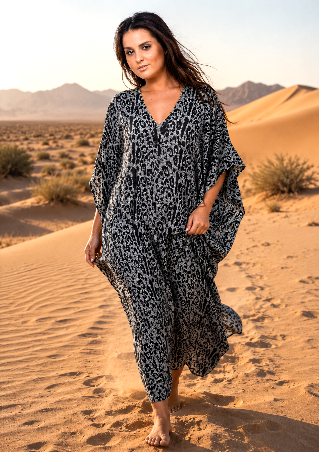 Women's Long Satin Caftan / Kaftan / Muumuu, Classic Animal Print Nightgown, Style Caf-65C2