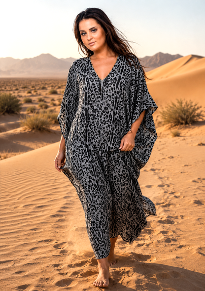 Women's Long Satin Caftan / Kaftan / Muumuu, Classic Animal Print Nightgown, Style Caf-65C2