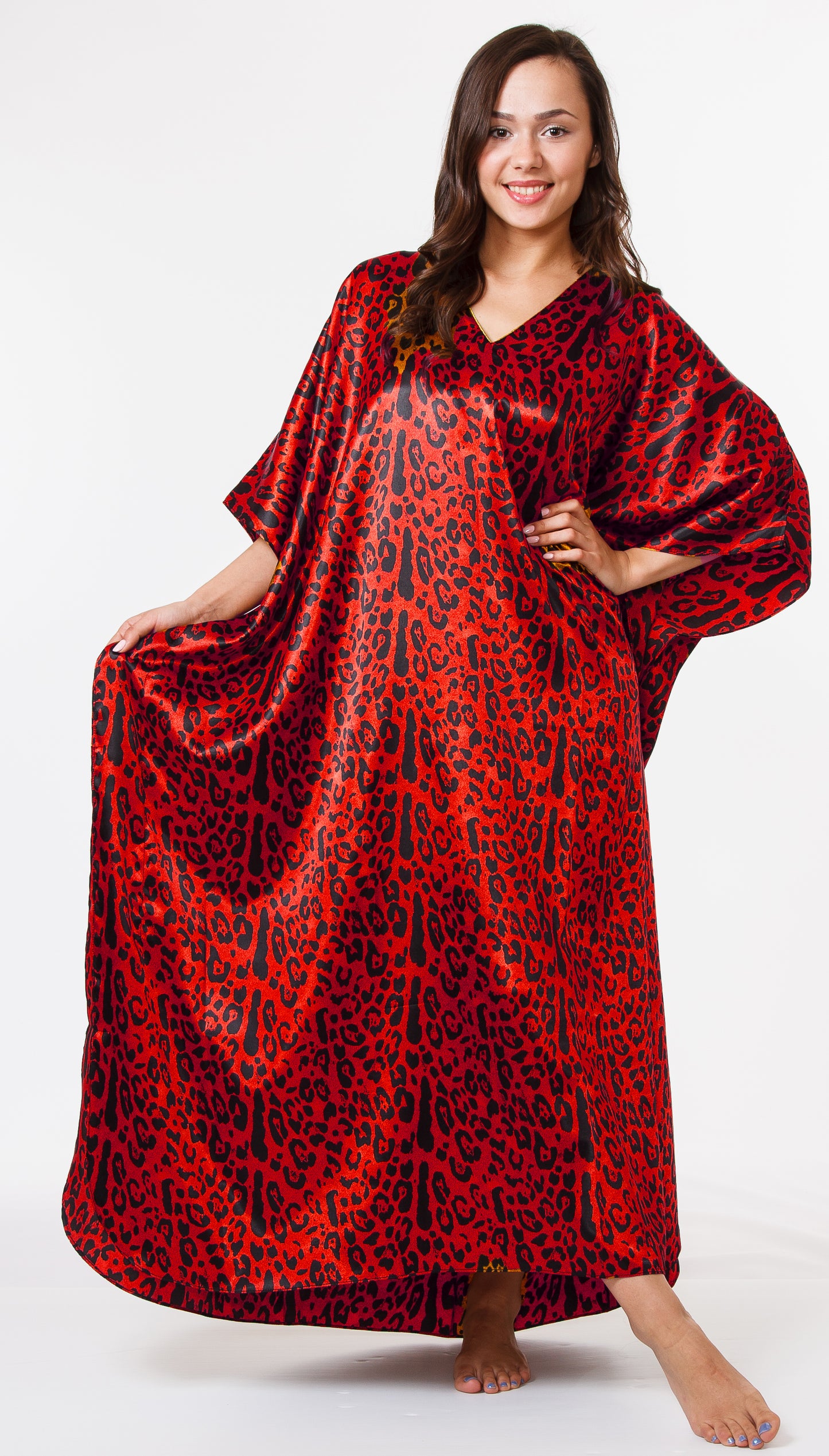 Women's Long Satin Caftan / Kaftan / Muumuu, Red Aninal Print, One Size Plus, Style Caf-65