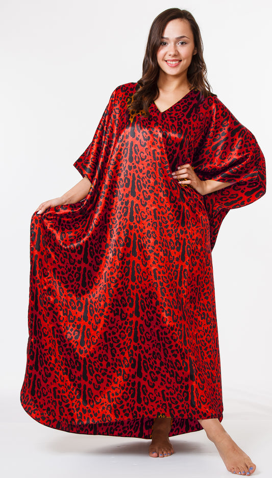 Women's Long Satin Caftan / Kaftan / Muumuu, Red Aninal Print, One Size Plus, Style Caf-65