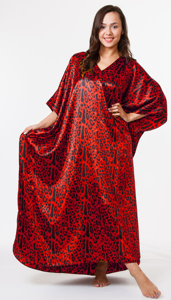 Women's Long Satin Caftan / Kaftan / Muumuu, Red Aninal Print, One Size Plus, Style Caf-65