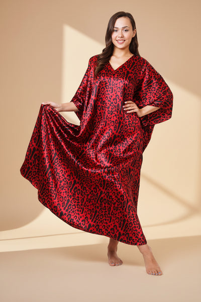 Women's Long Satin Caftan / Kaftan / Muumuu, Red Aninal Print, One Size Plus, Style Caf-65