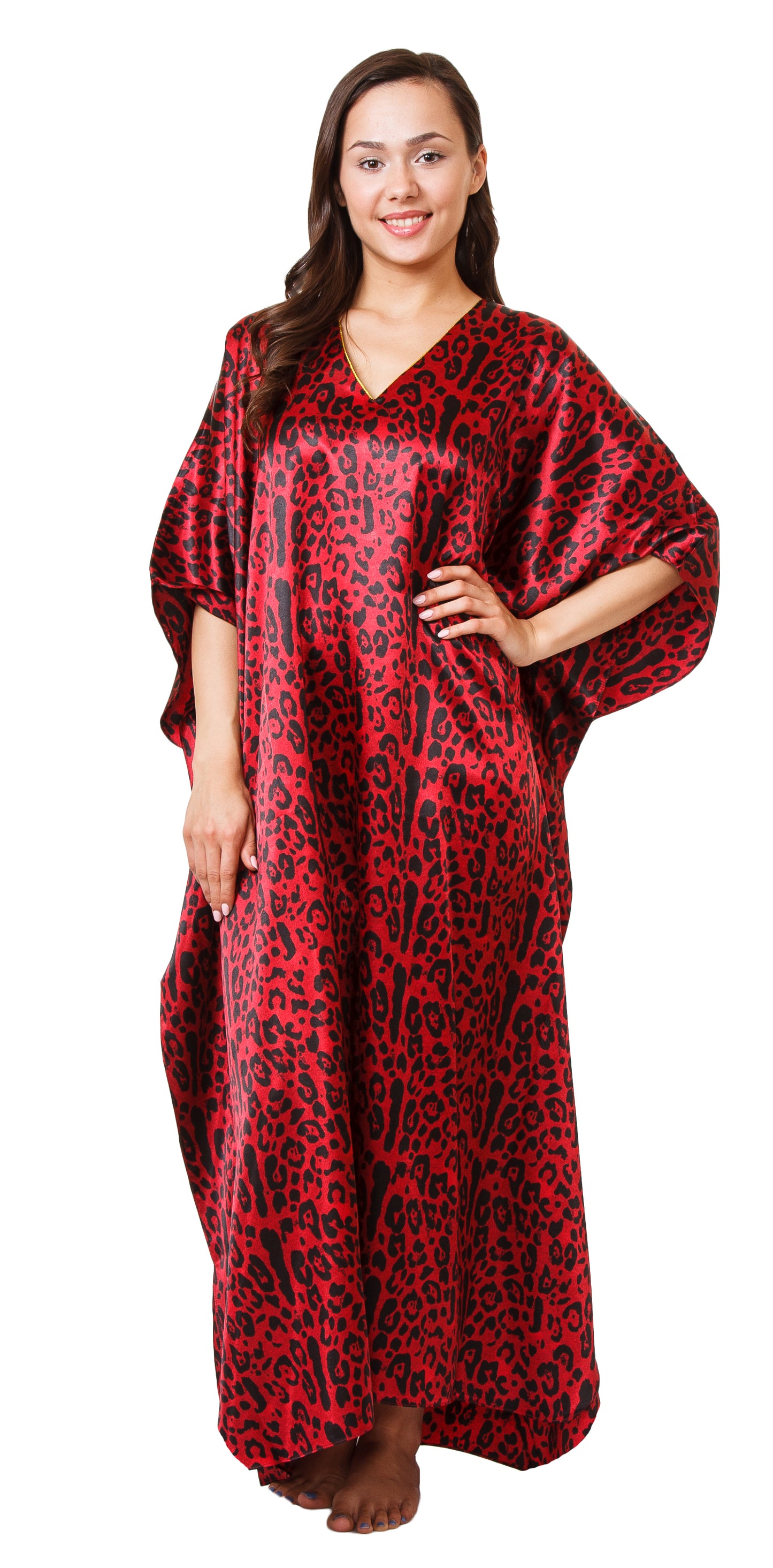 Women's Long Satin Caftan / Kaftan / Muumuu, Red Aninal Print, One Size Plus, Style Caf-65