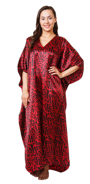 Women's Long Satin Caftan / Kaftan / Muumuu, Red Aninal Print, One Size Plus, Style Caf-65