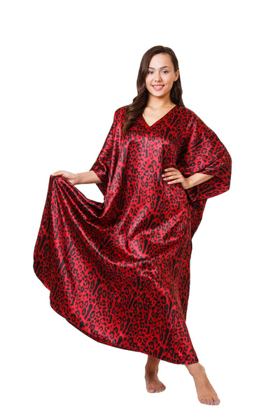 Women's Long Satin Caftans / Kaftans / Muumuus, Three-Piece Red Print Value Pack 23