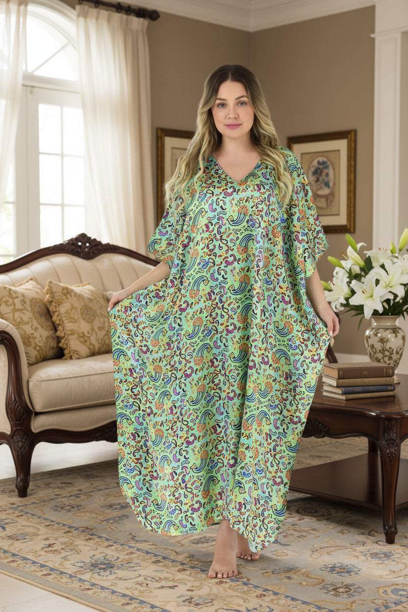 Women's Long Satin Caftan / Kaftan / Muumuu, Abstract Aqua Paisley Print, Caf-68AQ