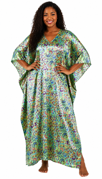 Women's Long Satin Caftan / Kaftan / Muumuu, Abstract Aqua Paisley Print, Caf-68AQ