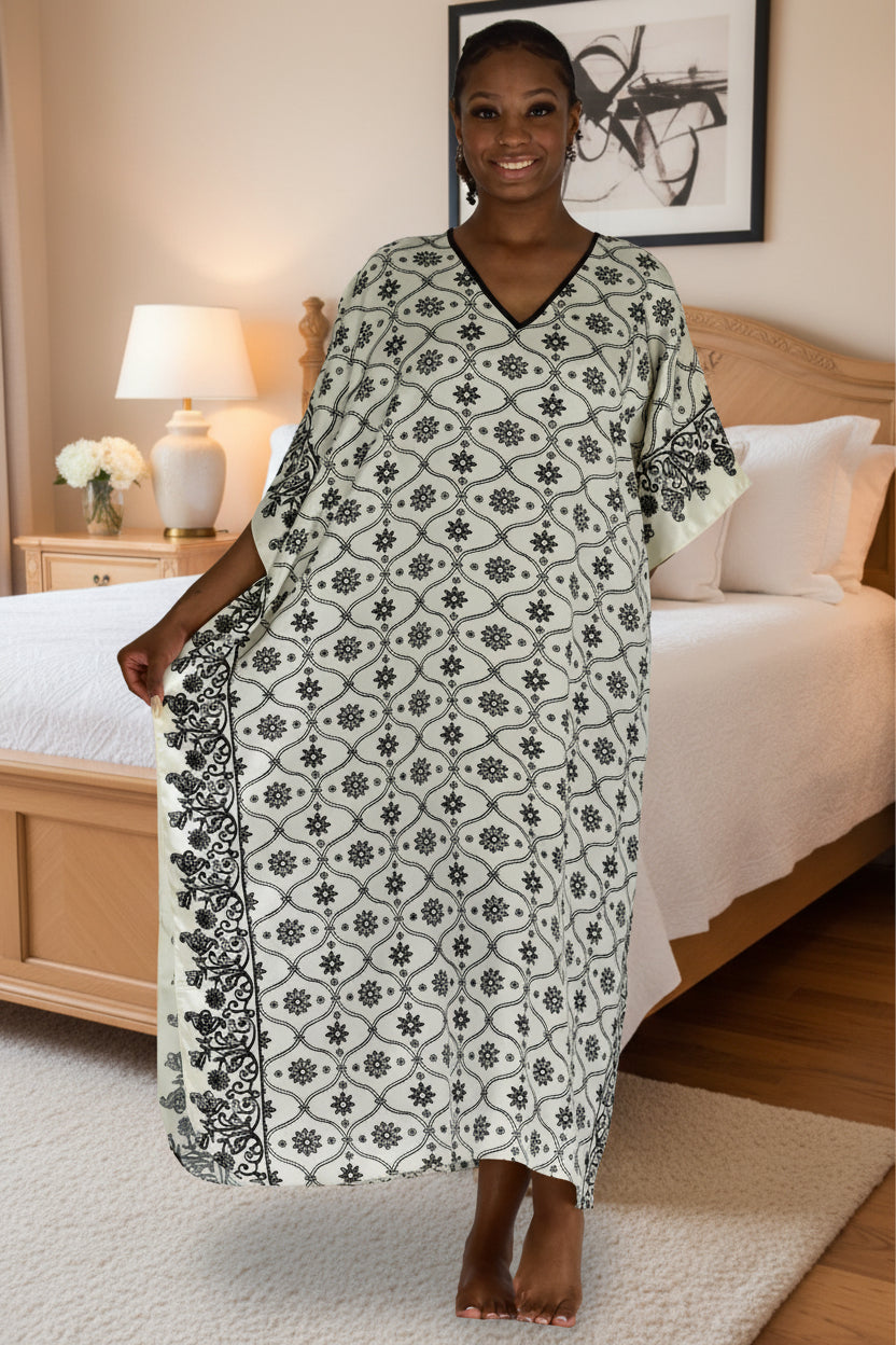 Women's Long Satin Caftans / Kaftans / Muumuus, Three-Piece Black Print Value Pack 25