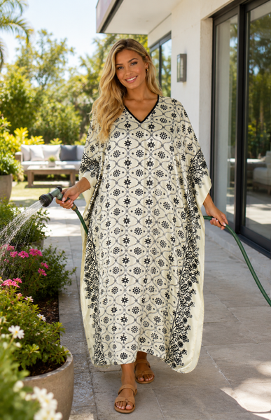 Up2date Fashion's Women's Satin Caftan Island Bouquet Print, One Size Silky Kaftan Loungewear, Style Caf-75