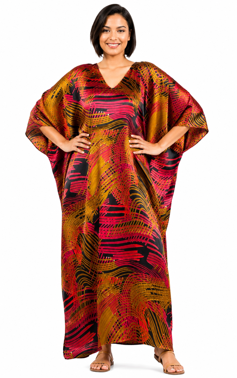 Up2date Fashion Women Satin Caftan in Crimson Waves Print, One Size Silky Kaftan Loungewear, Style Caf-80