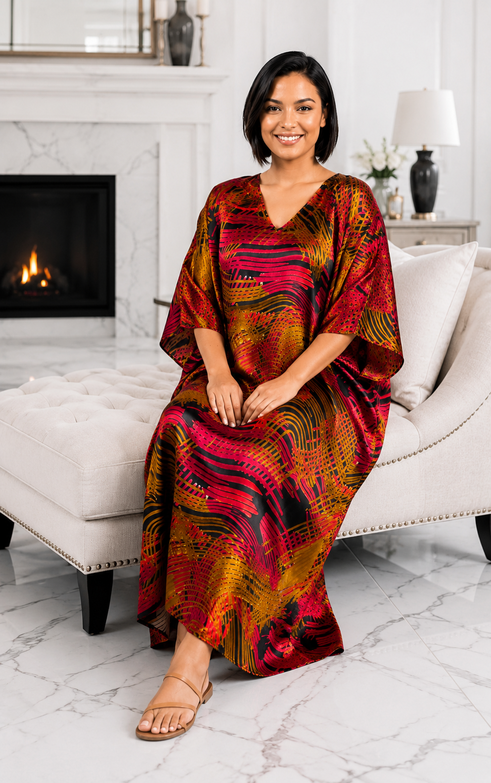 Up2date Fashion Women Satin Caftan in Crimson Waves Print, One Size Silky Kaftan Loungewear, Style Caf-80